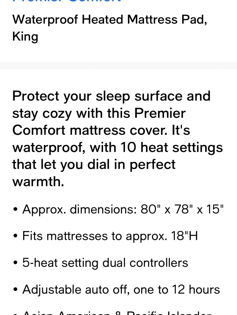 Premier White Waterproof Heated Mattress Pad - King